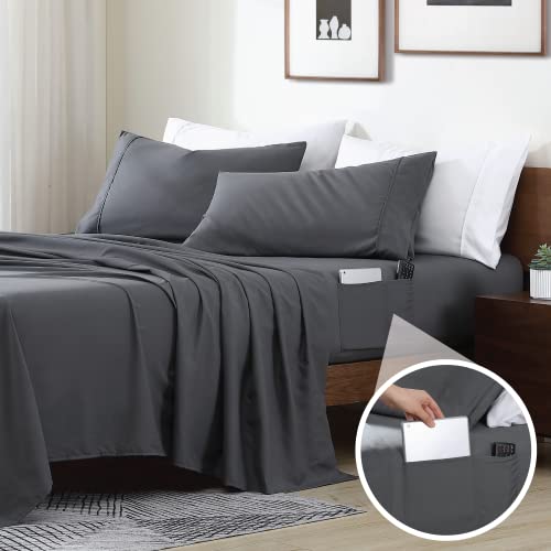 Swift Home Smart Sheets 4-teiliges Bettwäsche-Set, gebürstete Mikrofaser, luxuriös, weich und langlebig, Tiefe Taschen, Bettlaken und Kissenbezüge, Spannbettlaken mit seitlichen Aufbewahrungstaschen, von Swift Home