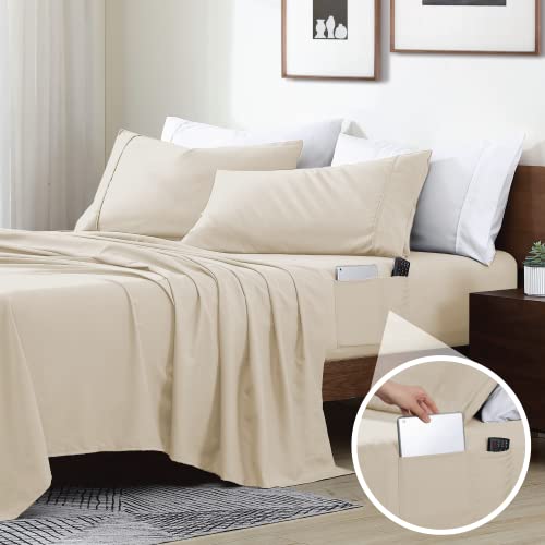 Swift Home Smart Sheets, Ultra Soft Brushed Microfiber 4-teiliges Bettlaken-Set, Spannbetttuch mit seitlichen Aufbewahrungstaschen, cremefarben, Queensize-Bett von Swift Home