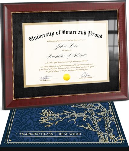 Holz College Diplom Rahmen 8,5x11 mit Passepartout (schwarz/w goldener Rand) - Echtholz, Echtglas - als Geschenk verpackt - Abschlussgeschenk - Urkundenhalter - Dokumentenrahmen für Bachelor und von SMART&PROUD