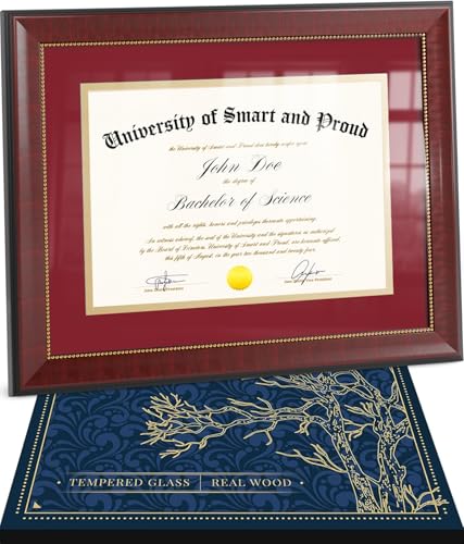 Holz College Diplom Rahmen 8,5x11 mit Passepartout (rot/w goldener Rand) - Echtholz, Echtglas - als Geschenk verpackt - Abschlussgeschenk - Urkundenhalter - Dokumentenrahmen für Bachelor und Master von SMART&PROUD