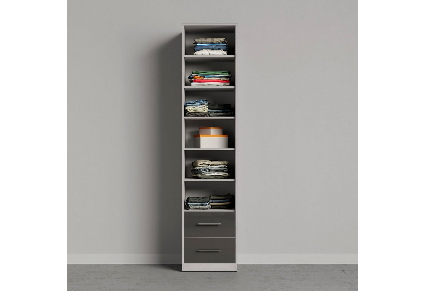 SMARTBett Drehtürenschrank SMARTBett Kleiderschrank 50cm - 2 Schubladen Beton/Anthrazit Hochglanz von SMARTBett