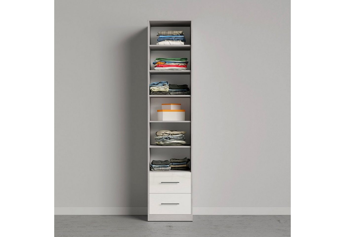 SMARTBett Drehtürenschrank SMARTBett Kleiderschrank 50cm - 2 Schubladen Beton/Weiss Hochglanz von SMARTBett