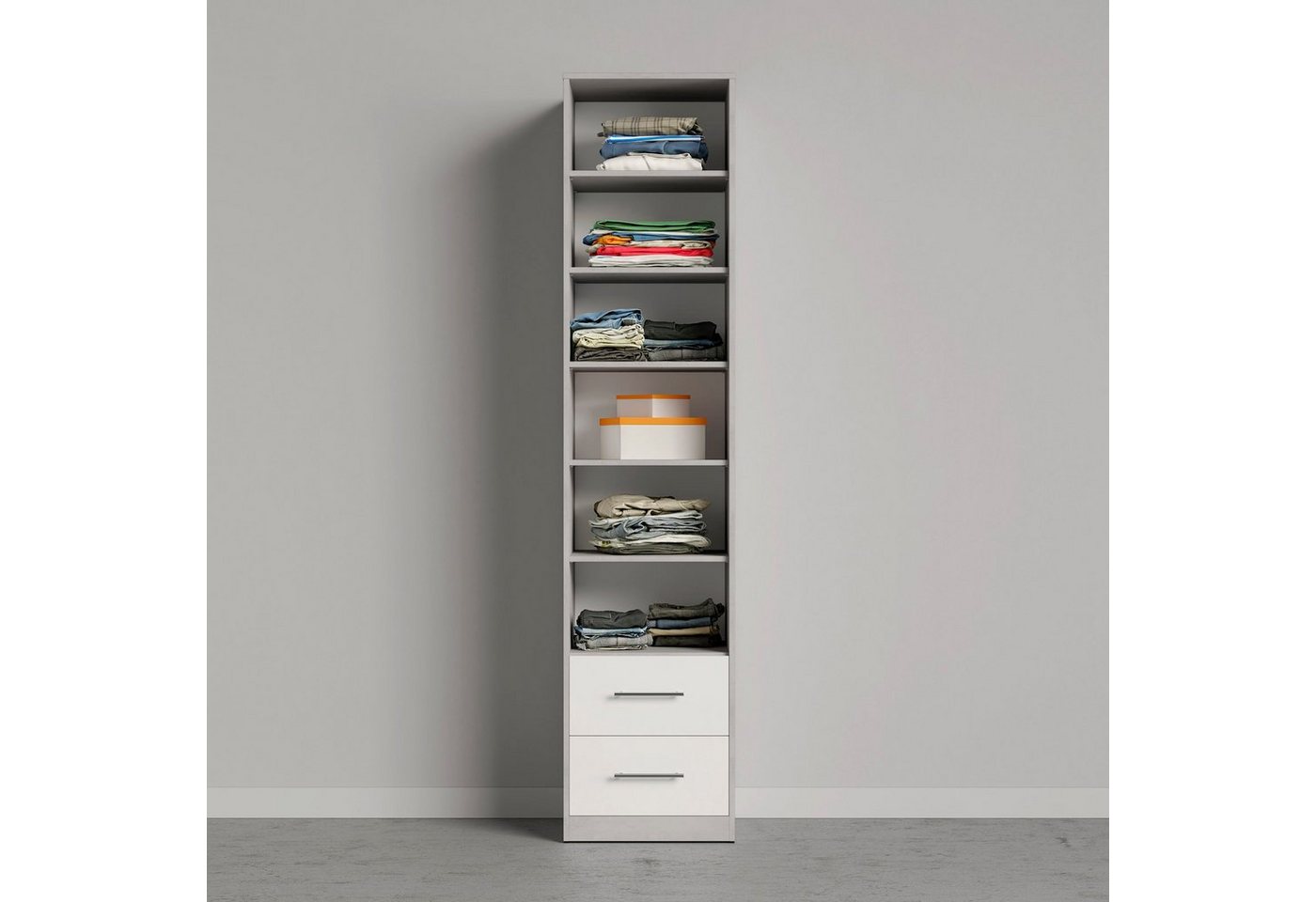 SMARTBett Drehtürenschrank SMARTBett Kleiderschrank 50cm - 2 Schubladen Beton/Weiss von SMARTBett