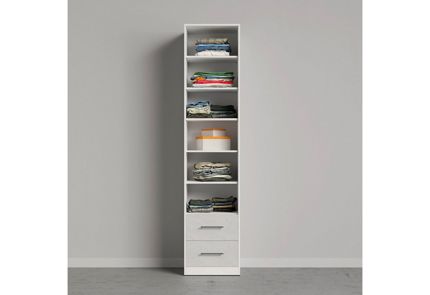 SMARTBett Drehtürenschrank SMARTBett Kleiderschrank 50cm - 2 Schubladen Weiss/Beton von SMARTBett