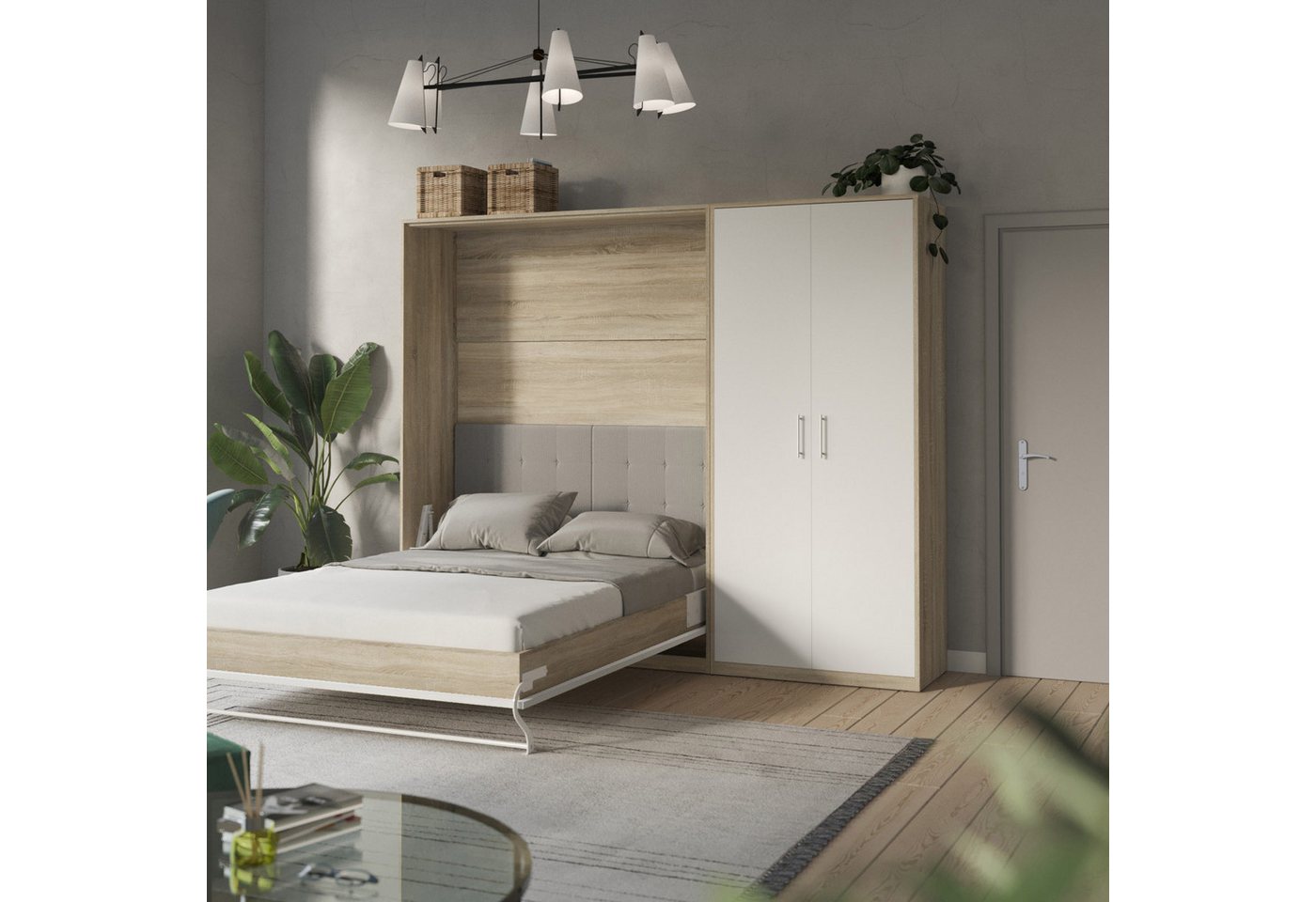 SMARTBett Schrankbett Schrankbett Set inkl.160x200 Vertikal+100-Schrank Eiche Sonoma/Weiss (Schrankbett SET, 14-St., Schrankbett+ Schrank) von SMARTBett