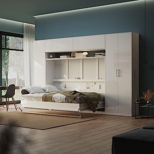 SMARTBett WOHNWAND Schlafzimmer 5-TLG. Set inkl. SCHRANKBETT 140x200cm Querbett + 4 Schränke Weiss/Weiss Hochglanz von SMARTBett
