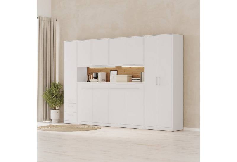 SMARTBett Wohnwand Wohnwand Set mit 90-Schrankbett Standard Horizontal Weiss/ Wildeiche, Gasdruckfedern von SMARTBett