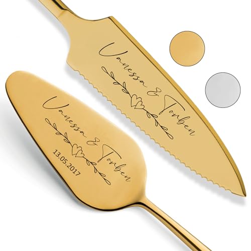 SMARTEON Tortenheber inkl. Tortenmesser im Set mit persönlicher Gravur als Geschenk zur Hochzeit, Jahrestag, Geburtstag - Hochzeitsgeschenke für Brautpaare - personalisierte Geschenke (Namen_1, Gold) von SMARTEON