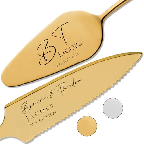 Tortenheber inkl. Tortenmesser im Set mit persönlicher Gravur als Geschenk zur Hochzeit, Jahrestag, Geburtstag - Hochzeitsgeschenke für Brautpaare - personalisierte Geschenke (Initialen, Gold) von SMARTEON