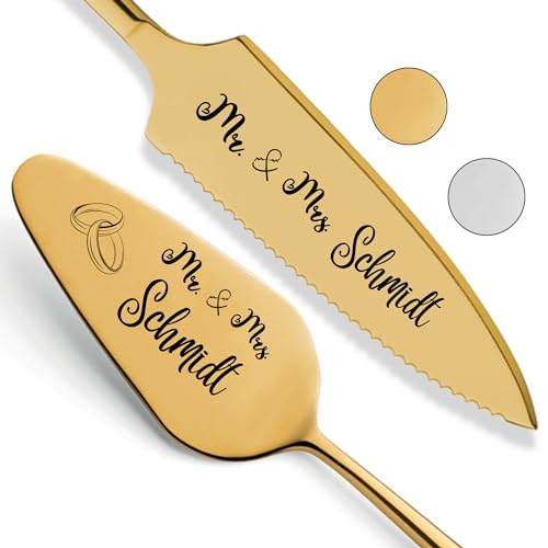 Tortenheber inkl. Tortenmesser im Set mit persönlicher Gravur als Geschenk zur Hochzeit, Jahrestag, Geburtstag - Hochzeitsgeschenke für Brautpaare - personalisierte Geschenke (Mr. & Mrs., Gold) von SMARTEON