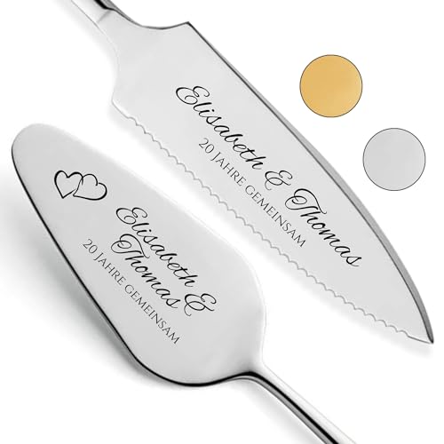 Tortenheber inkl. Tortenmesser im Set mit persönlicher Gravur als Geschenk zur Hochzeit, Jahrestag, Geburtstag - Hochzeitsgeschenke für Brautpaare - personalisierte Geschenke (Namen_3, Silber) von SMARTEON