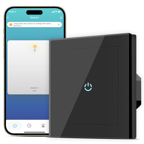 SMARTERCURRY Smart WiFi Lichtschalter 1 Fach 1 Weg für Alexa und Smartphone, gehärtetes Glas Touch Lichtschalter, Timing-Funktion, Lichtschalter Schwarz, Neutralleiter erforderlich, 1 Stücke von SMARTERCURRY