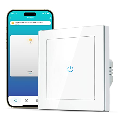 SMARTERCURRY Smart WLAN Lichtschalter 1 Fach 1 Weg Alexa Lichtschalter, gehärtetes Glas Touch Lichtschalter, Timing-Funktion, Weiß, Neutralleiter Erforderlich, 1 Stücke von SMARTERCURRY