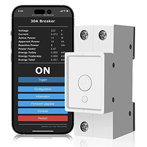 SMARTERCURRY TASMOTA DIN Hutschiene Stromzähler 30A ESP8266 | Smart Leistungsschalter | Überspannungschutz | 100V-240V 50Hz/60Hz | Wechselstromzähler | 2.4GHz von SMARTERCURRY