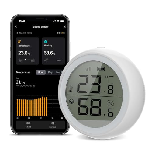 SMARTERCURRY ZigBee Thermometer Hygrometer, LCD Digital Temperatur luftfeuchtigkeitsmesser mit Benachrichtigungs Alarm, Temperatur- und Feuchtigkeitssensor, Präzise Thermo-Hygrometer mit APP von SMARTERCURRY