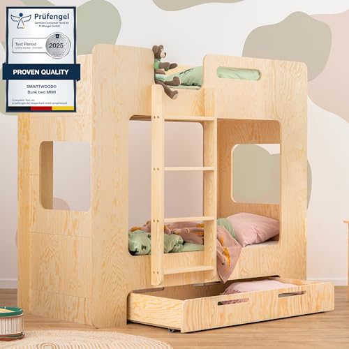 SMARTWOOD Kinderbett Mimi DL - Leiter Links Etagenbett 80x200 mit Lattenrost und Rausfallschutz - Kinderbett mit schubladen - Montessori Bett mit Rausfallschutz und Lattenrost - Naturalholz 80x200cm von SMARTWOOD