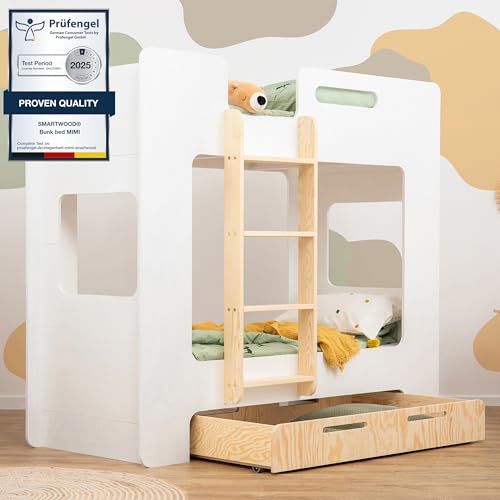 SMARTWOOD Kinderbett Mimi DL - Leiter Links Etagenbett 90x180 mit Lattenrost und Rausfallschutz - Kinderbett mit schubladen - Montessori Bett mit Rausfallschutz und Lattenrost - Weiß 90x180cm von SMARTWOOD