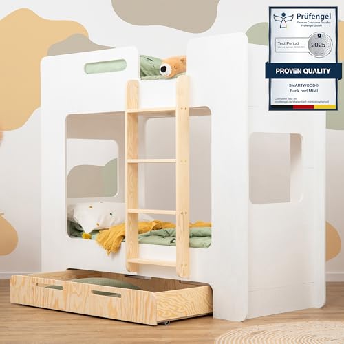 SMARTWOOD Kinderbett Mimi DP - Leiter Rechts Etagenbett 80x160 mit Lattenrost und Rausfallschutz - Kinderbett mit schubladen - Montessori Bett mit Rausfallschutz und Lattenrost - Weiß 80x160cm von SMARTWOOD