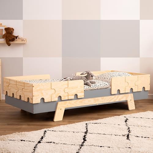 SMARTWOOD Kinderbett mit Lattenrost und Rausfallschutz Puzzle BR2 Montessori einzelbett für Jungen und Mädchen - Bett aus Kiefer Sperrholz mit Rausfallschutz und Lattenrost - Grau - 100x200cm von SMARTWOOD