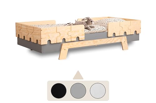 SMARTWOOD Kinderbett mit Lattenrost und Rausfallschutz Puzzle BR2 Montessori einzelbett für Jungen und Mädchen - Bett aus Kiefer Sperrholz mit Rausfallschutz und Lattenrost - Grau - 80x160 cm von SMARTWOOD