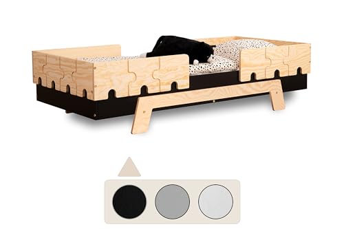 SMARTWOOD Kinderbett mit Lattenrost und Rausfallschutz Puzzle BR2 Montessori einzelbett für Jungen und Mädchen - Bett aus Kiefer Sperrholz mit Rausfallschutz und Lattenrost - Schwarz - 90x200 cm von SMARTWOOD