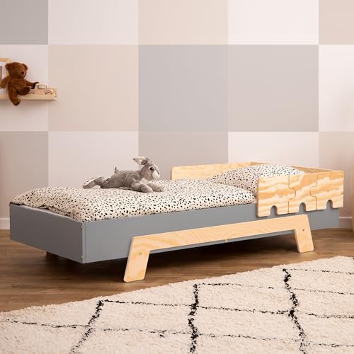 SMARTWOOD Kinderbett mit Lattenrost und Rausfallschutz Puzzle BR1 Montessori einzelbett für Jungen und Mädchen - Bett aus Kiefer Sperrholz mit Rausfallschutz und Lattenrost - Grau - 90x200 cm von SMARTWOOD