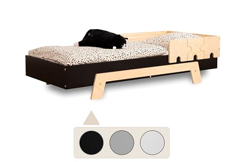 SMARTWOOD Kinderbett mit Lattenrost und Rausfallschutz Puzzle BR1 Montessori einzelbett für Jungen und Mädchen - Bett aus Kiefer Sperrholz mit Rausfallschutz und Lattenrost - Schwarz - 90x200 cm von SMARTWOOD