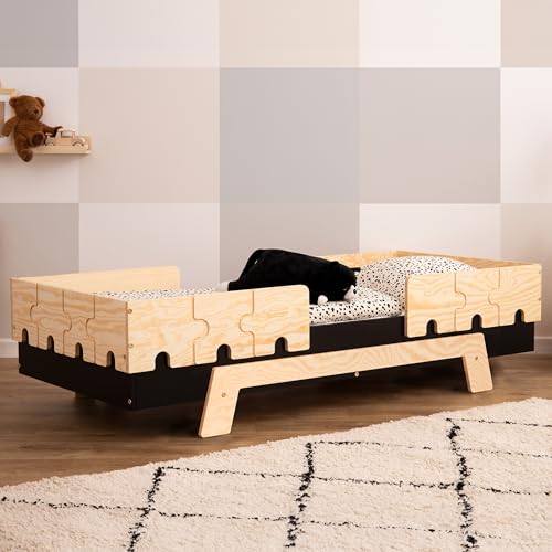 SMARTWOOD Kinderbett mit Lattenrost und Rausfallschutz Puzzle BR2 Montessori einzelbett für Jungen und Mädchen - Bett aus Kiefer Sperrholz mit Rausfallschutz und Lattenrost - Schwarz - 100x200 cm von SMARTWOOD