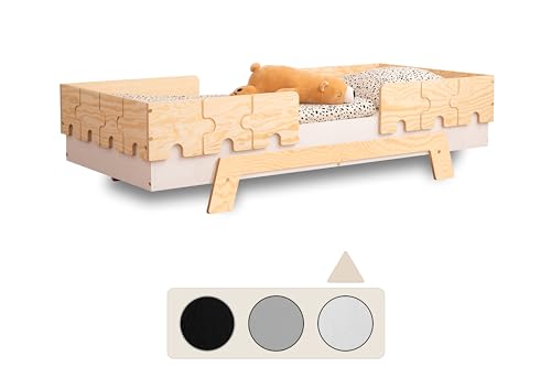 SMARTWOOD Kinderbett mit Lattenrost und Rausfallschutz Puzzle BR2 Montessori einzelbett für Jungen und Mädchen - Bett aus Kiefer Sperrholz mit Rausfallschutz und Lattenrost - Weiß - 90x180 cm von SMARTWOOD