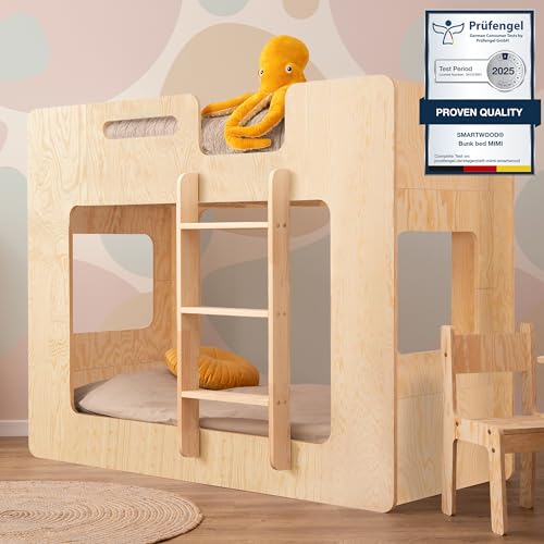 SMARTWOOD Mimi P - Leiter Rechts Etagenbett 80x160 mit Lattenrost und Rausfallschutz - Kinderbett für Jungen und Mädchen - Montessori Bett mit Rausfallschutz und Lattenrost Natural Holz 160x80 cm von SMARTWOOD