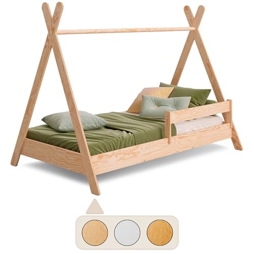 smartwood Tipi Kinderbett 80x160 mit Lattenrost und Rausfallschutz - Montessori Hausbett für Jungen und Mädchen - Bett aus Kiefernsperrholz mit Rausfallschutz und Lattenrost - 160x80 - Naturholz von smartwood