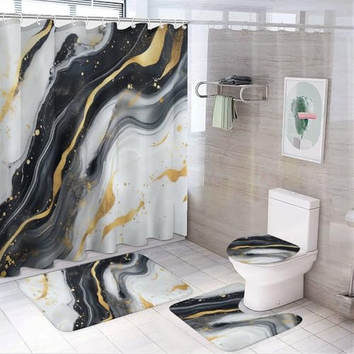 4-teilige Duschvorhang-Sets – Stilvolle Badezimmer-Sets mit Duschvorhang und Teppichen, Badezimmer-Zubehör-Sets mit schwarz-weißer Marmorstruktur, Badvorleger, Toilettendeckel, Badezimmer-Toilettenmat 4-teilige Duschvorhang-Sets – Stilvolle Badezimmer-Sets mit Duschvorhang und Teppichen, Badezimmer-Zubehör-Sets mit schwarz-weißer Marmorstruktur, Badvorleger, Toilettendeckel, Badezimmer-Toilettenmat von SMAZDFXX