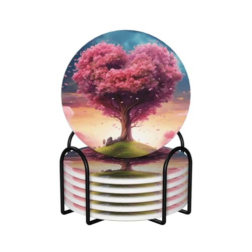 6-teiliges Getränkeuntersetzer-Set mit Halter, lustige Tassenmatte, buntes Herz-Baum-Keramikuntersetzer für Getränke, saugfähiges Bar-Bier-Getränkeuntersetzer-Set zum Schutz der Tischplatte von SMAZDFXX
