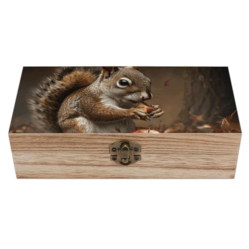 Aufbewahrungsbox aus Holz mit Deckel, dekorative Boxen, Aufbewahrungsbox aus Holz, Schmucktruhe mit dem Motiv „Ein Eichhörnchen frisst, Aufbewahrungsbehälter zum Organisieren von Schmuck und Andenke von SMAZDFXX