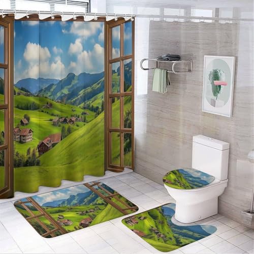 SMAZDFXX 4-teiliges Duschvorhang-Set mit Karomuster – Segelboot-Badezimmer-Set mit Duschvorhang, Toilettendeckel und Teppichen, Badevorhang mit Haken für die Heimdekoration im Landhausstil SMAZDFXX 4-teiliges Duschvorhang-Set mit Karomuster – Segelboot-Badezimmer-Set mit Duschvorhang, Toilettendeckel und Teppichen, Badevorhang mit Haken für die Heimdekoration im Landhausstil von SMAZDFXX