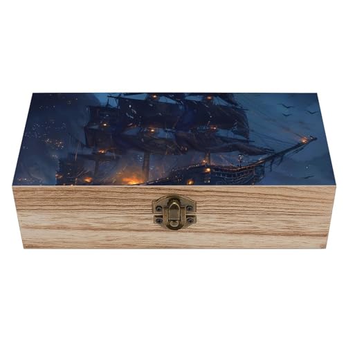 SMAZDFXX Andenkenbox aus Holz mit Segelboot und Segeln auf dem Meer, rechteckig, Retro-Aufbewahrungsbox mit Schloss, dekorative Box für die Aufbewahrung zu Hause von SMAZDFXX