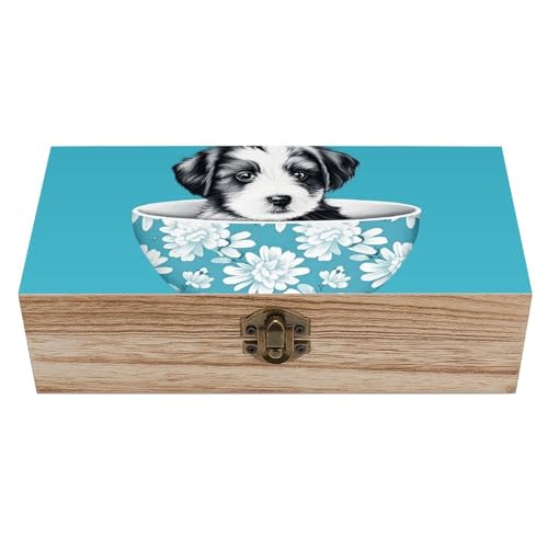 SMAZDFXX Aufbewahrungsbox aus Holz mit Klappdeckel und Frontverschluss, große Andenkenbox, Schmuckschatulle mit Welpe in der Tasse, Schreibtisch-Organizer aus Holz fürs Büro SMAZDFXX Aufbewahrungsbox aus Holz mit Klappdeckel und Frontverschluss, große Andenkenbox, Schmuckschatulle mit Welpe in der Tasse, Schreibtisch-Organizer aus Holz fürs Büro von SMAZDFXX