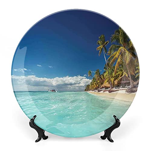 SMAZDFXX Rundes Porzellan-Wandbild „Ocean, Motiv „Paradieslandschaft mit tropischem Inselstrand und Palmen, Keramik, für gehobene Veranstaltungen, Dinnerpartys, Hochzeiten und Catering von SMAZDFXX