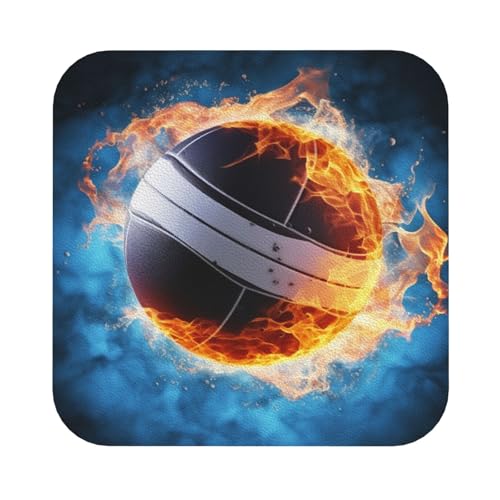 Untersetzer mit Eis- und Feuer-Volleyballmotiv, 4er-Set, saugfähiger Lederuntersetzer für Getränke, hitzebeständige Tassenmatte zum Schutz des Tisches, Couchtischmatten für die Heimdekoration des Haus von SMAZDFXX