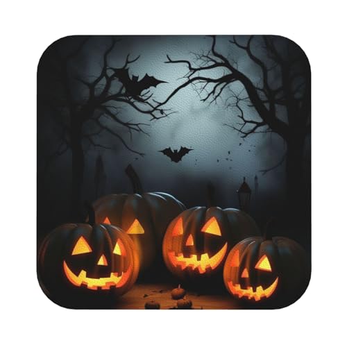 Untersetzer mit Halloween-Motiv und Kürbissen, 4er-Set, saugfähiger Lederuntersetzer für Getränke, hitzebeständige Tassenmatte zum Schutz des Tisches, Couchtischmatten für die Heimdekoration des Hause Untersetzer mit Halloween-Motiv und Kürbissen, 4er-Set, saugfähiger Lederuntersetzer für Getränke, hitzebeständige Tassenmatte zum Schutz des Tisches, Couchtischmatten für die Heimdekoration des Hause von SMAZDFXX