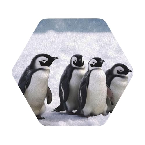 Untersetzer mit Jungen Pinguinen und Schnee, 4er-Set, saugfähiger Lederuntersetzer für Getränke, hitzebeständige Tassenmatte zum Schutz des Tisches, Couchtischmatten für die Heimdekoration des Hauses von SMAZDFXX