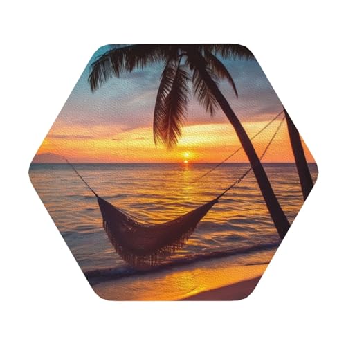 Untersetzer mit Kokosnuss-Strand-Sonnenuntergang-Hängematte, 4er-Set, saugfähiger Lederuntersetzer für Getränke, hitzebeständige Tassenmatte zum Schutz des Tisches, Couchtischmatten für die Heimdekora von SMAZDFXX