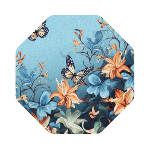Untersetzer mit blauem Schmetterlings- und Blumenmuster, 4er-Set, saugfähiger Lederuntersetzer für Getränke, hitzebeständige Tassenmatte zum Schutz des Tisches, Couchtischmatten für die Heimdekoration von SMAZDFXX