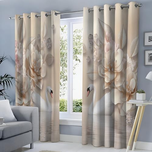SMBHIAON 3D Blumen Gardinen Vorhang mit Ösen,See Schwan Leichter weicher Verdunklungsvorhang Wärmeisolierend Ösenschal H175 × B140 cm (2er Pack), Thermovorhang Kälteschutz für Wohnzimmer von SMBHIAON