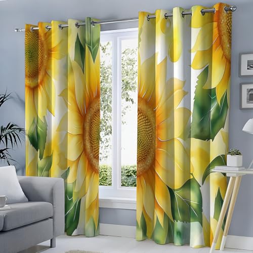 SMBHIAON Aquarell Textur Thermovorhang Kälteschutz Gardinen mit Ösen H240 × B140 cm (2er Pack) Blickdichte Vorhänge gelbe Sonnenblume Schlafzimmer Blackout Curtain Verdunkelung von SMBHIAON