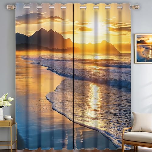 Sonnenuntergang am Strand Gardinen Kinderzimmer Schlafzimmer H240 × B140 cm (2er Pack) Thermovorhang Verdunkelungsvorhang Modern Polyester Vorhänge 3D Wellen und Berge Muster Blickdicht Ösenvorhang von SMBHIAON