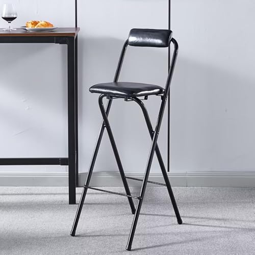 SMELEDFCFK Barhocker Klappbar Leder Gepolsterter Barstuhl Faltbarer Küchenhocker Mit Rückenlehne Tragbarer Bistrohocker Für Innen Außen(Black,75cm) von SMELEDFCFK