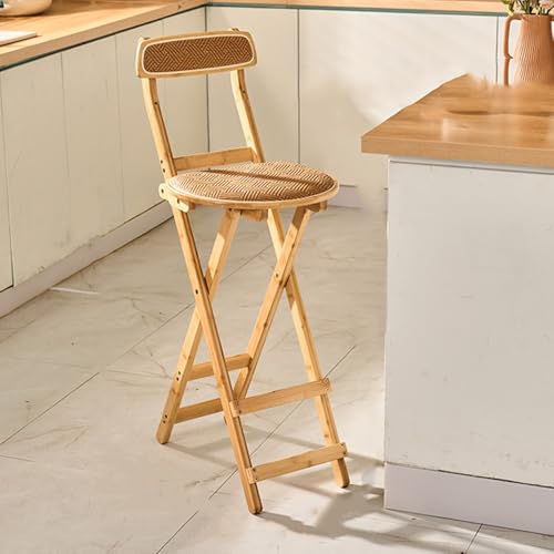 SMELEDFCFK Rattan Barstuhl Tragbarer Faltbarer Bistrohocker Tresenhocker Bambus Barhocker Mit Lehne Klappbarer Küchenstuhl Für Hausbar Theken Esszimmer(Wood Color,69cm) von SMELEDFCFK