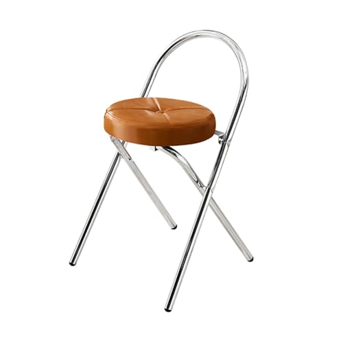 SMELEDFCFK Runde Faltbarer Küchenhocker, Vintage Barstuhl Mit Leder Gepolsterter, Tragbarer Barhocker Küchenstuhl Mit Lehne Und Metallbeine(Brown,58cm) von SMELEDFCFK