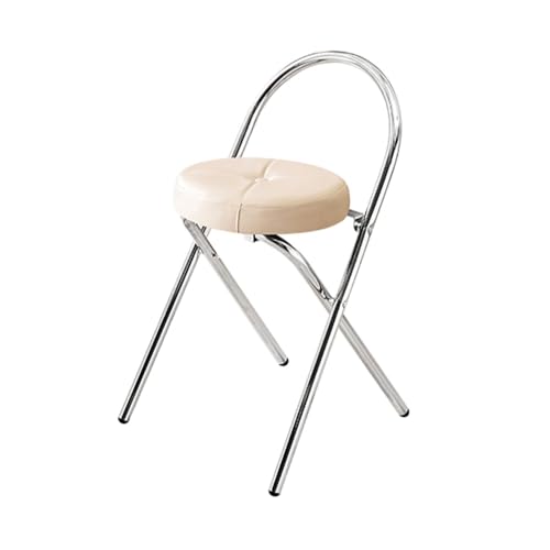 SMELEDFCFK Runde Faltbarer Küchenhocker, Vintage Barstuhl Mit Leder Gepolsterter, Tragbarer Barhocker Küchenstuhl Mit Lehne Und Metallbeine(White,48cm) von SMELEDFCFK
